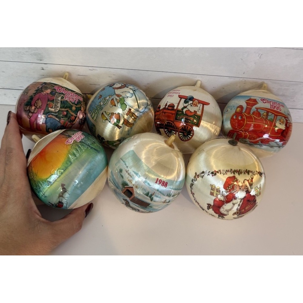 Vintage Satin Christmas Ball Ornaments Lot of 7 Dated 1980s-2000s Santa Train